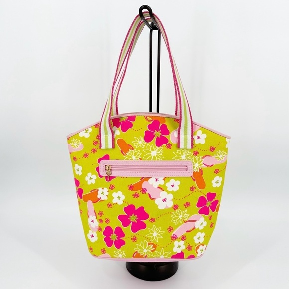 Lilly Pulitzer Vintage Pink/Lime Green Floral Flipflop Print Canvas Tote Bag - Picture 1 of 12